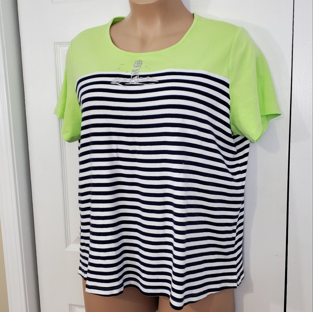 Kim Rogers Curvy Women's  Short Sleeve 100% Cotton Stripe Lighthouse Top Size 2X - Picture 3 of 9